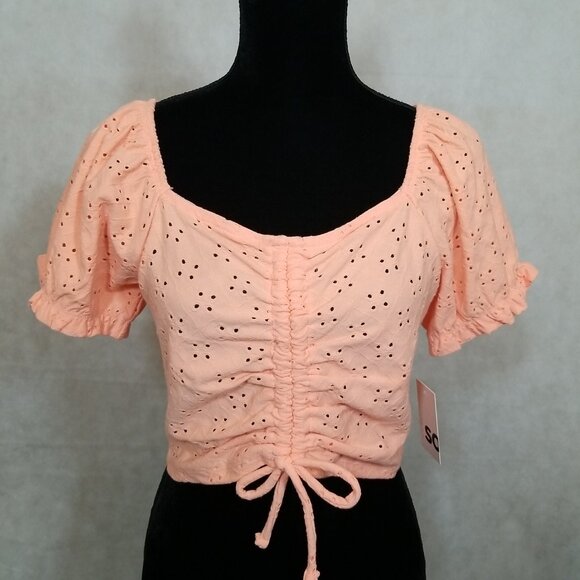 SO Tops - So Brand Junior Size X-Large Summer Shirt Orange Cinch Front Puff Sleeve Top NEW